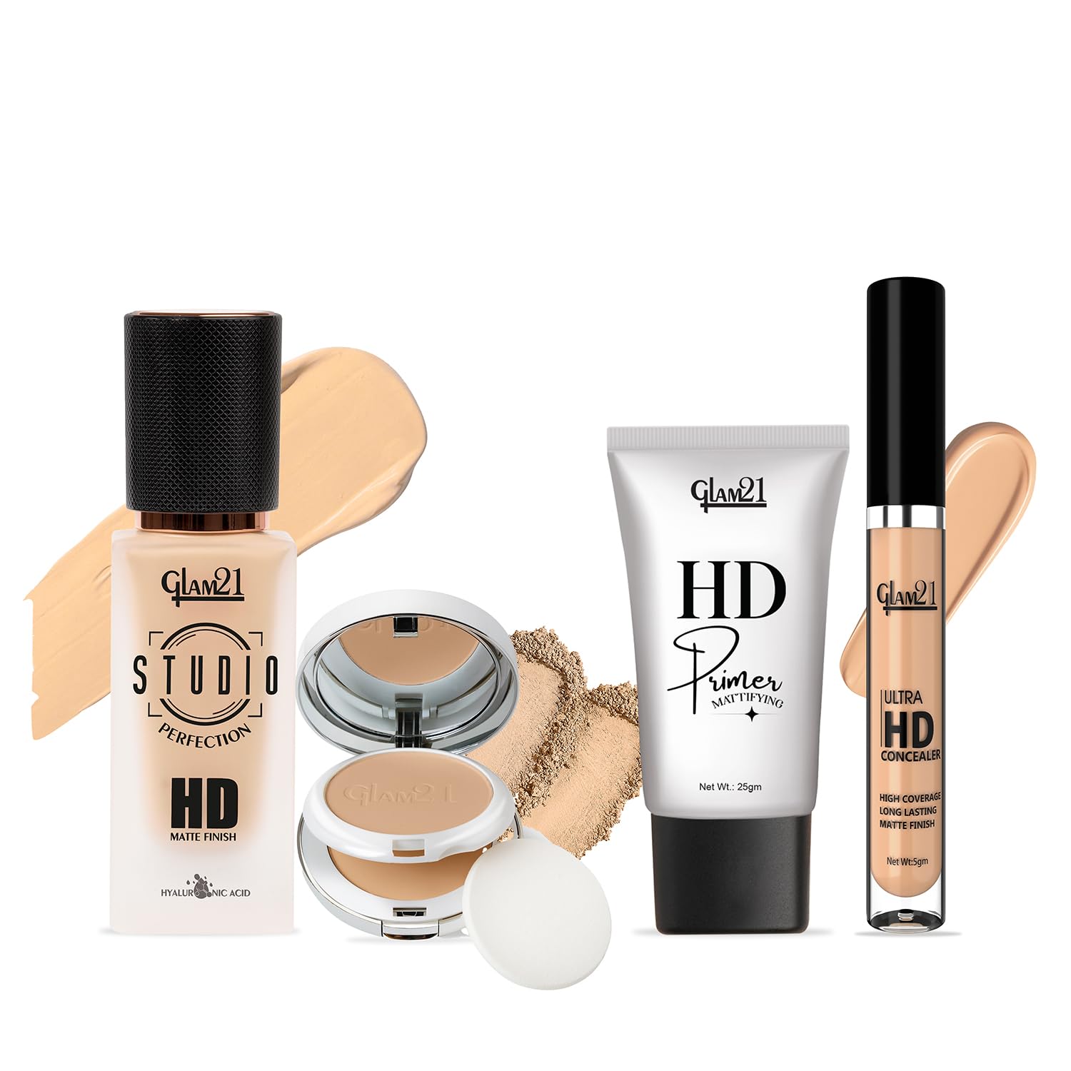 Glam21 4-in-1 Makeup Kit | Primer, HD Matte Foundation - Warm Beige-03 2 in 1 HD Compact Powder- Ivory-03 & HD Concealer -Sand-04 | Full Coverage, Long-Lasting Wear & Waterproof | Smooth, Lightweight & Buildable Coverage for Daily Face Makeup Combo (MAKEUPCOMBO-240)-image-15