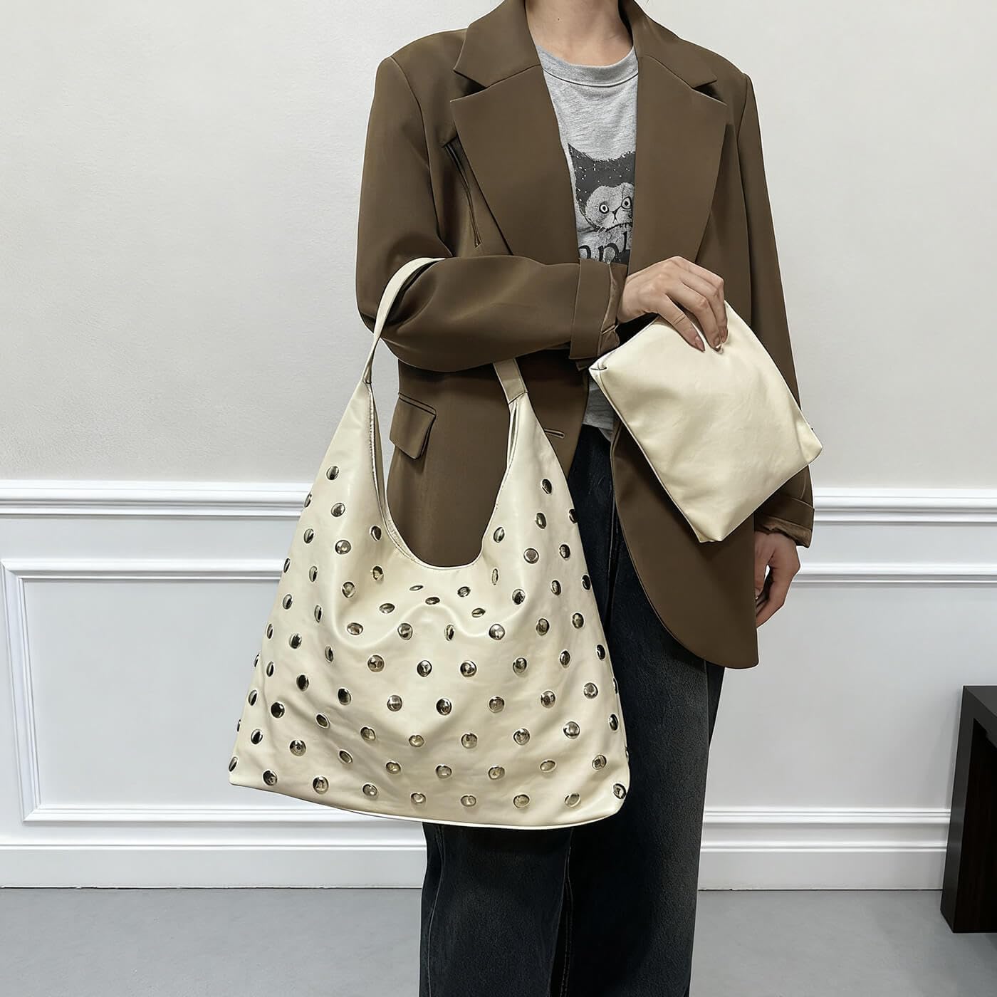 Studded Hobo Bag for Women, Vegan Leather Tote Purse, Soft Slouchy Shoulder Bag - Image 3