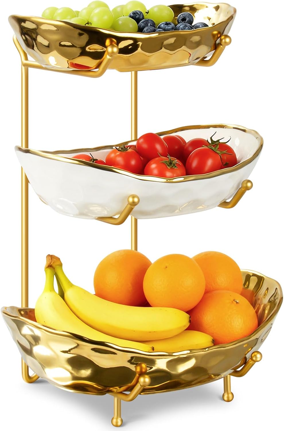3 Tier Fruit Bowl for Kitchen Counter, Ceramic Fruit Basket with Metal Stand, Tiered Fruit Stand for Countertop Serving Stand for Snack, Nuts, Cake, Dessert, Vegetable Storage