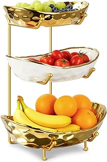 3 Tier Fruit Bowl for Kitchen Counter, Ceramic Fruit Basket with Metal S...