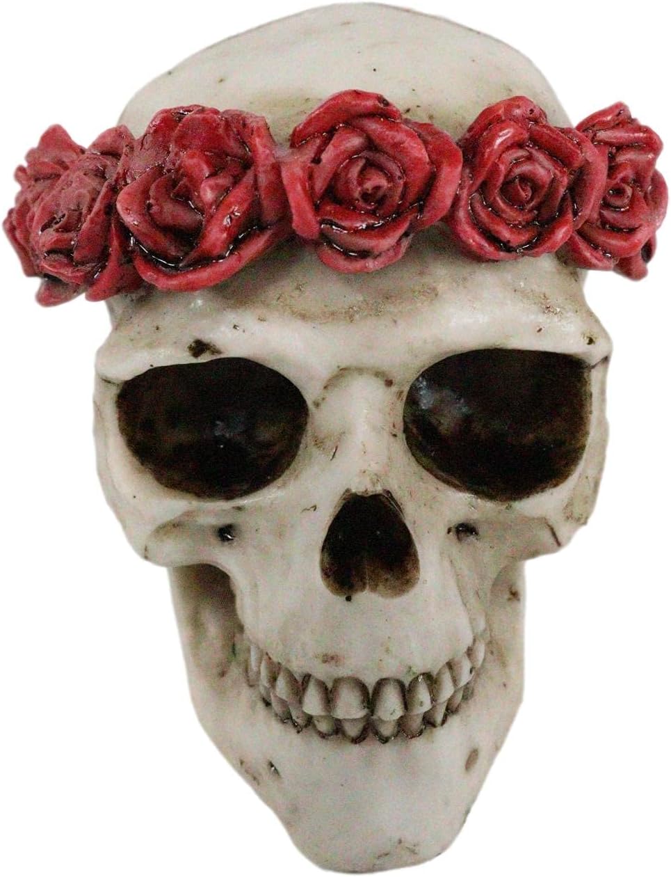 Ebros Gift Day of The Dead Red Rose Laurel Flower Wreath Crown Sugar Skull Figurine Decor 4.5" L Halloween Ossuary Macabre Collection Skulls and Skeletons