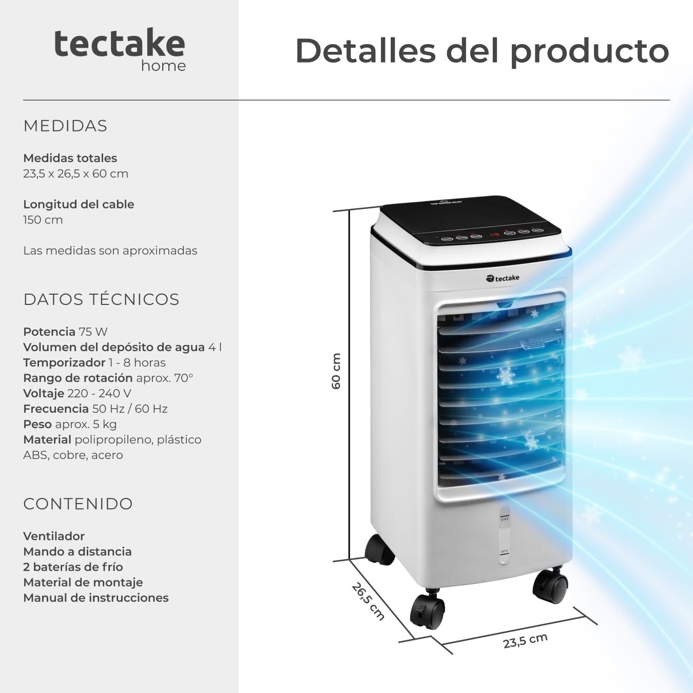 tectake® Climatizador Evaporativo, con Agua, Depósito con Indicador, Control Táctil LED, Mando a Distancia, Ventilador Silencioso, Ventilador Aire Frio - Blanco