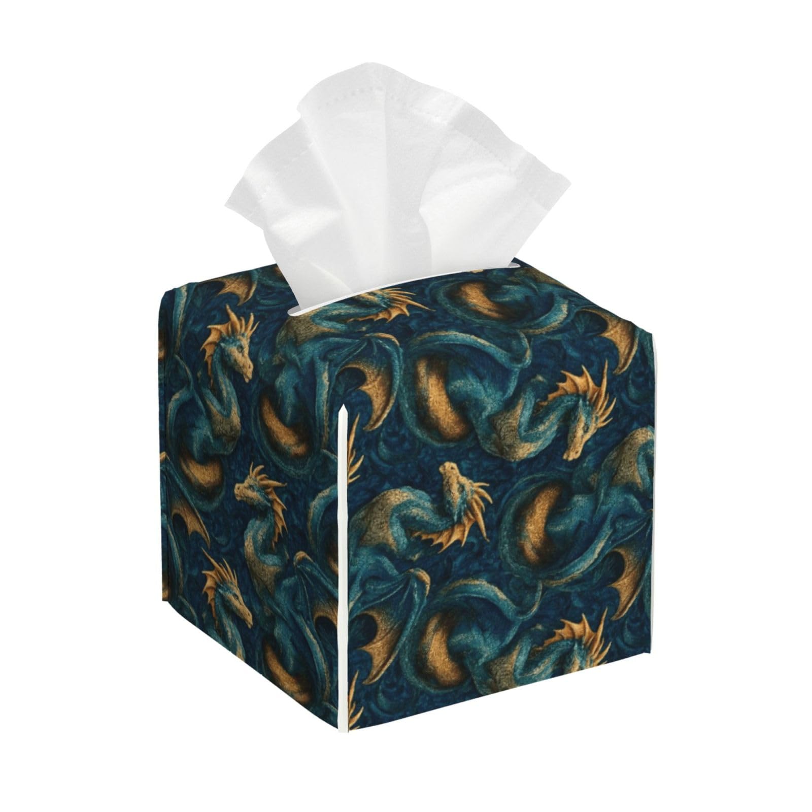 Classic Navy Dragon Print Tissue Box Cover Holder Square, Foldable Modern Cube Tissue Box Cover, Leather Decorative Organizer for Tabletop Bathroom Car Office Desk Decor
