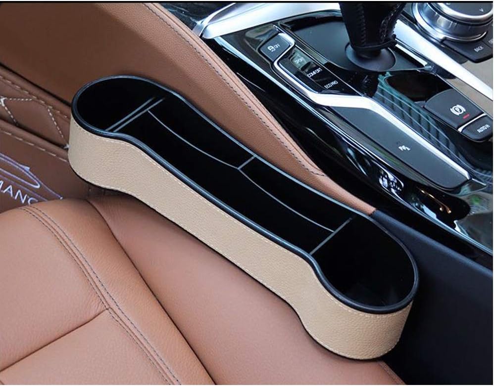 Car Seat Organizer, Front Seat Gap Filler, Multifunctional with Cup Holder, Premium PU Leather, Suitable for Most Cars, (1Pack Beige)
