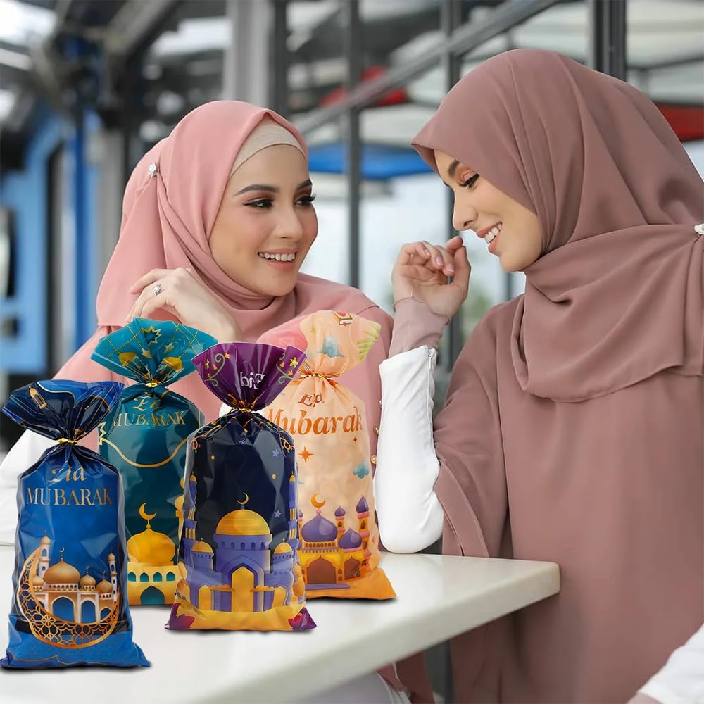Psxuie Ramadan Cellophane Treat Bags, 200 PCS Eid Mubarak Candy Bags, Plastic Ramadan Gift Bag Goodie Cookie Bag with Twist Ties for Islam Muslim Eid Mubarak Ramadan Party Decorations Favor Supplies - Image 6