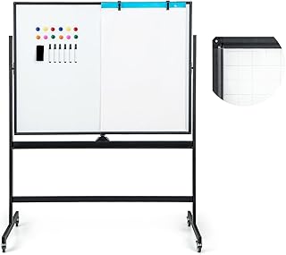 COSTWAY Doppelseitiges mobiles Whiteboard, 120 x 90 cm, Trocken abwischbares magnetisches Whiteboard mit Gittermuster, Rollen, Ständer und Stiftablage, inkl. Zubehör für Büro, Zuhause (Schwarz)
