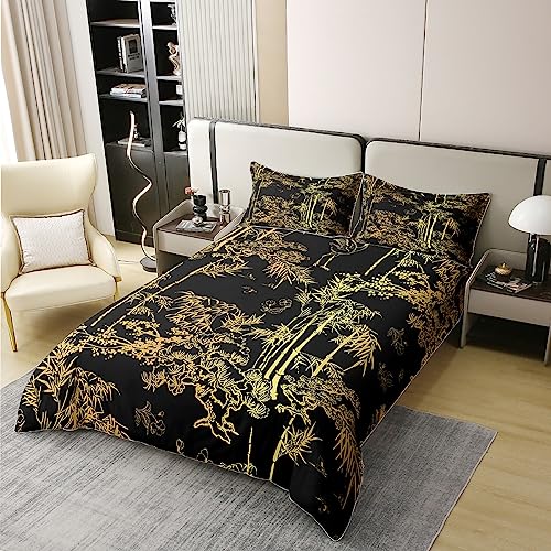 Loussiesd Luxury Black Gold Cotton Duvet Cover Set King Size Bamboo Bedding Set for Man Woman Senior Bedroom,Eastern Botanical Comforter Cover Set Set Oriental Gift Quilt Cover Fashion Decor 3 Pcs - Image 3