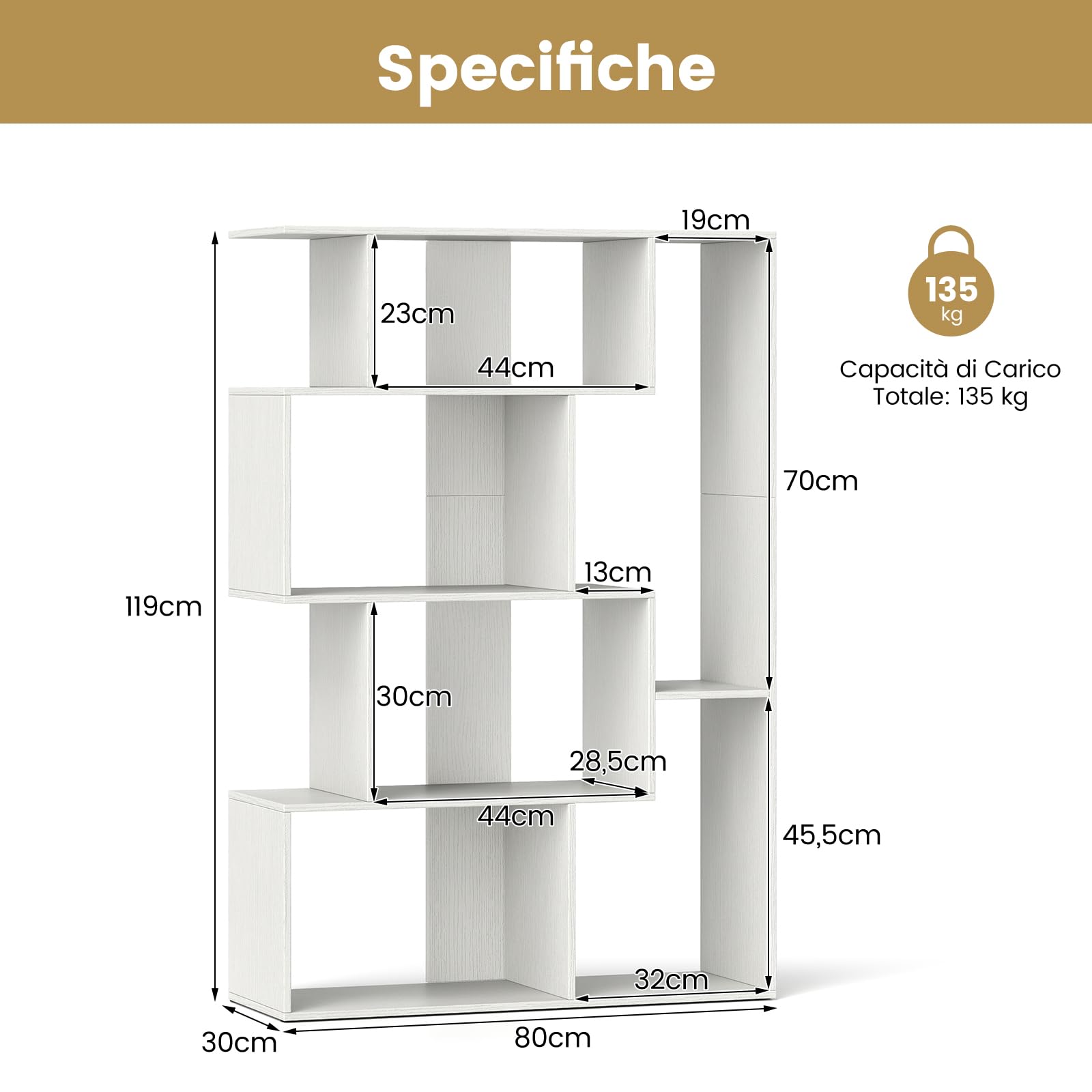COSTWAY Libreria Geometrica Aperta, Scaffale a 6 Cubi con Kit Anti-Ribaltamento, Mensola Espositiva per Camera da Letto Studio Soggiorno, 80 x 30 x 119 cm (Bianco)