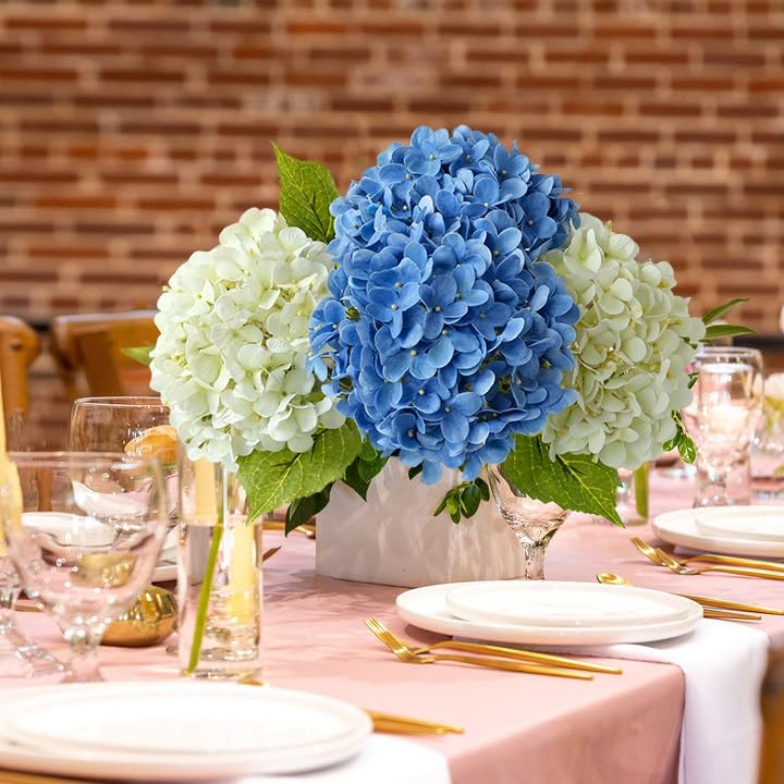 Savoy Blue Boho Artificial Hydrangeas Flowers, 4Pcs 20" Real Touch Lifelike Silk Artificial Hydrangeas, Full Fake Flowers for Bouquets Table Centerpieces Spring Wedding Indoor Home - Image 6