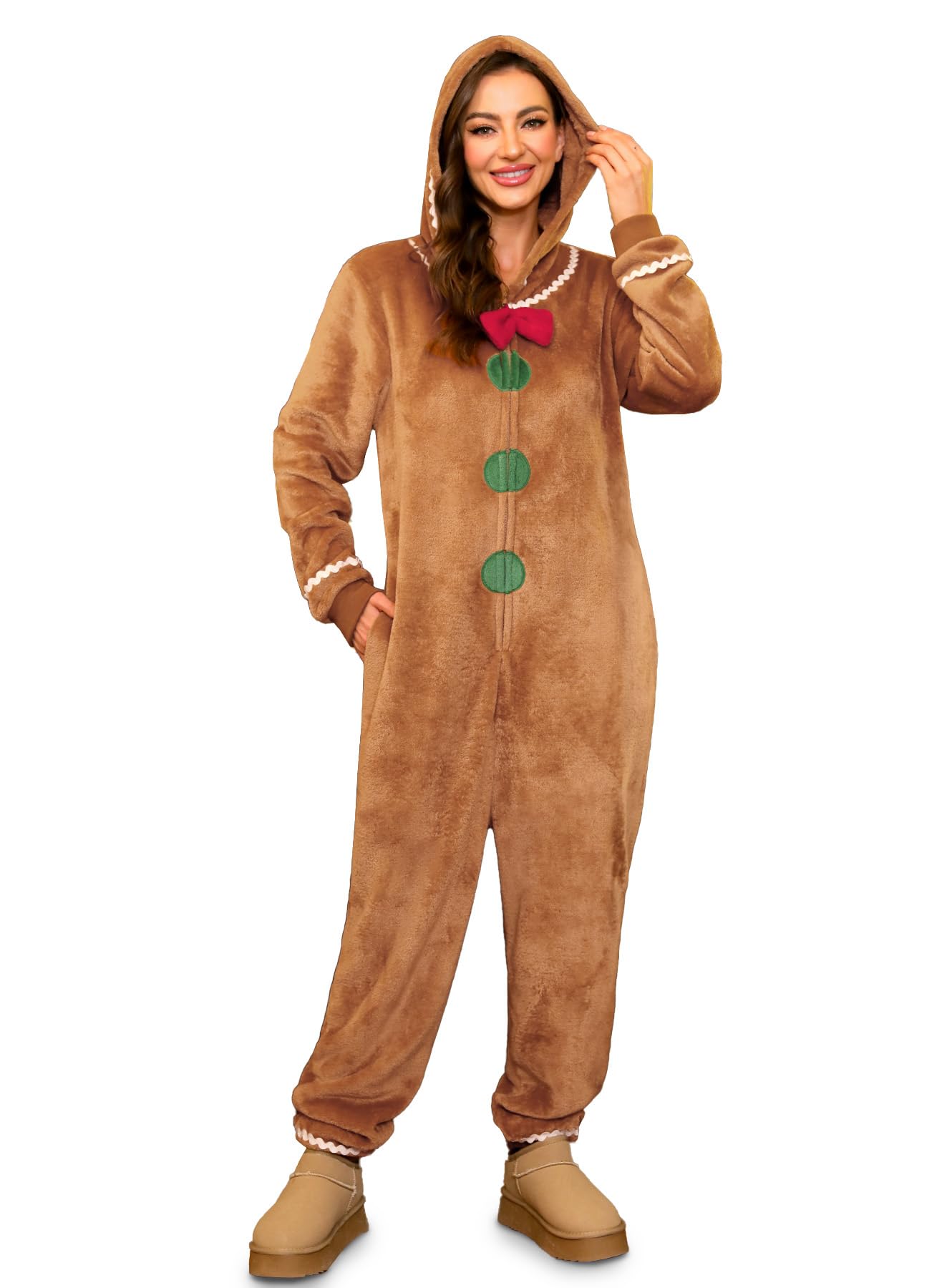 alireverie Women Christmas Hooded Fleece Onesie Zip Up One Piece Warm Holiday Pajamas-picture-16