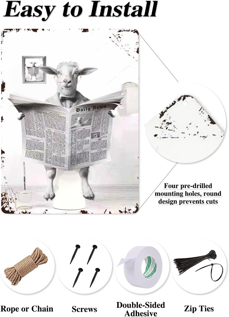 Metal Tin Sign Vintage Sheep Toilet Reading Newspaper Humour Funny Animal Whimsy Animal for Home, Bathroom and Toilet Wall Decor 12x8 Inches(815)
