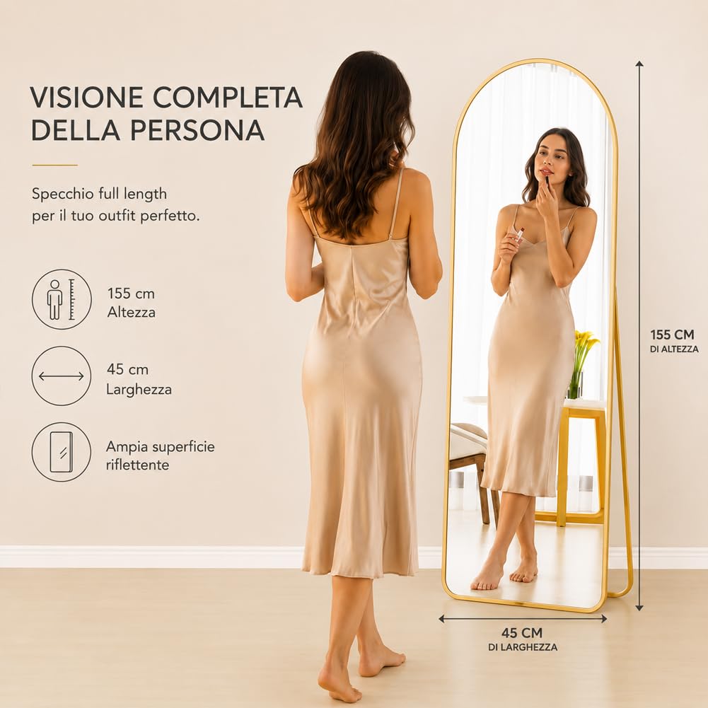 Shally Dogan Specchio da Terra e da Muro ad Arco, Stand Autoportante Indipendente e da Parete, Decorazione Interna, Design Minimal, Figura Intera e Cornice in Alluminio, 155 x 45 cm