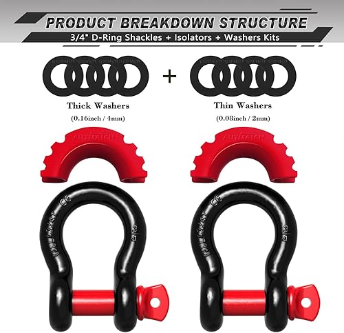 Vista 56 de AUTMATCH- 2 grilletes en D de 3/4 pulg, 41,887 Ib, resistencia a la rotura, tornillo de 7/8 pulg, pasador y grillete, aislante y arandelas, Negro