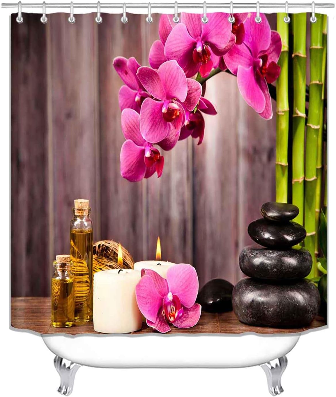 4PCS Zen Spa Shower Curtain Sets with Rugs, Waterproof Fabric Shower Curtain, Pink Orchid Floral Green Bamboo White Candle Herbal Oil Stones Garden Relaxing Spiritual Meditation Bathroom Decor