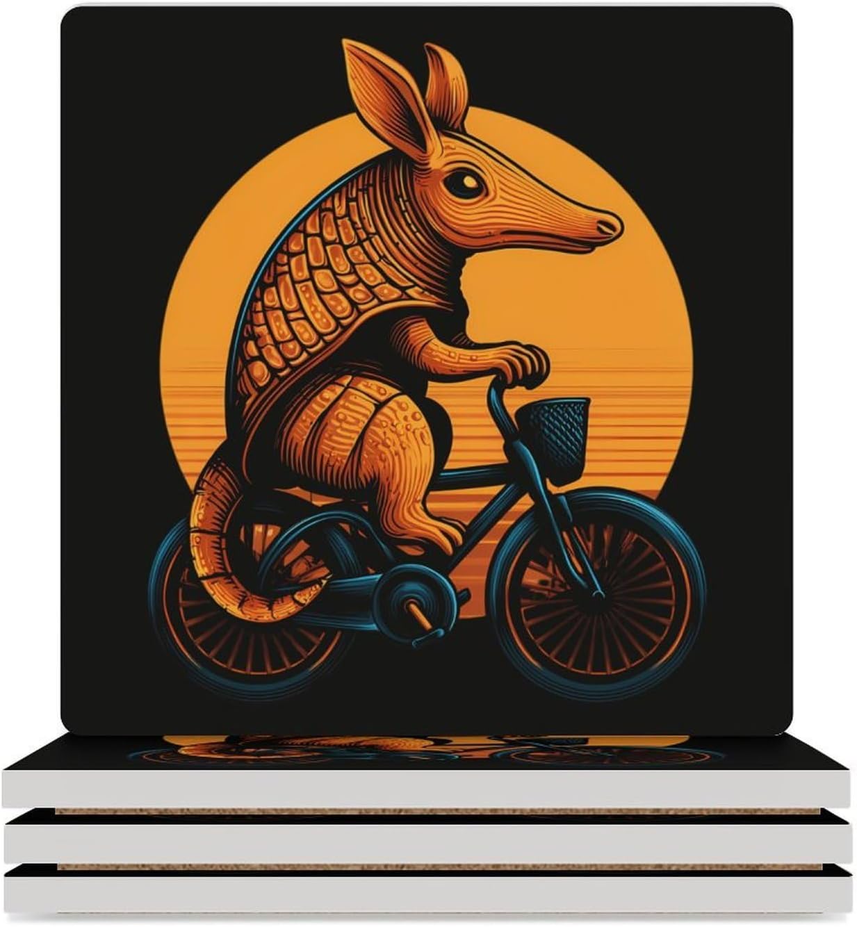 Armadillo ON A Bicycle Ceramic Coasters Set Square Drink Coasters Table Coaster for Kitchen Desktop Decor