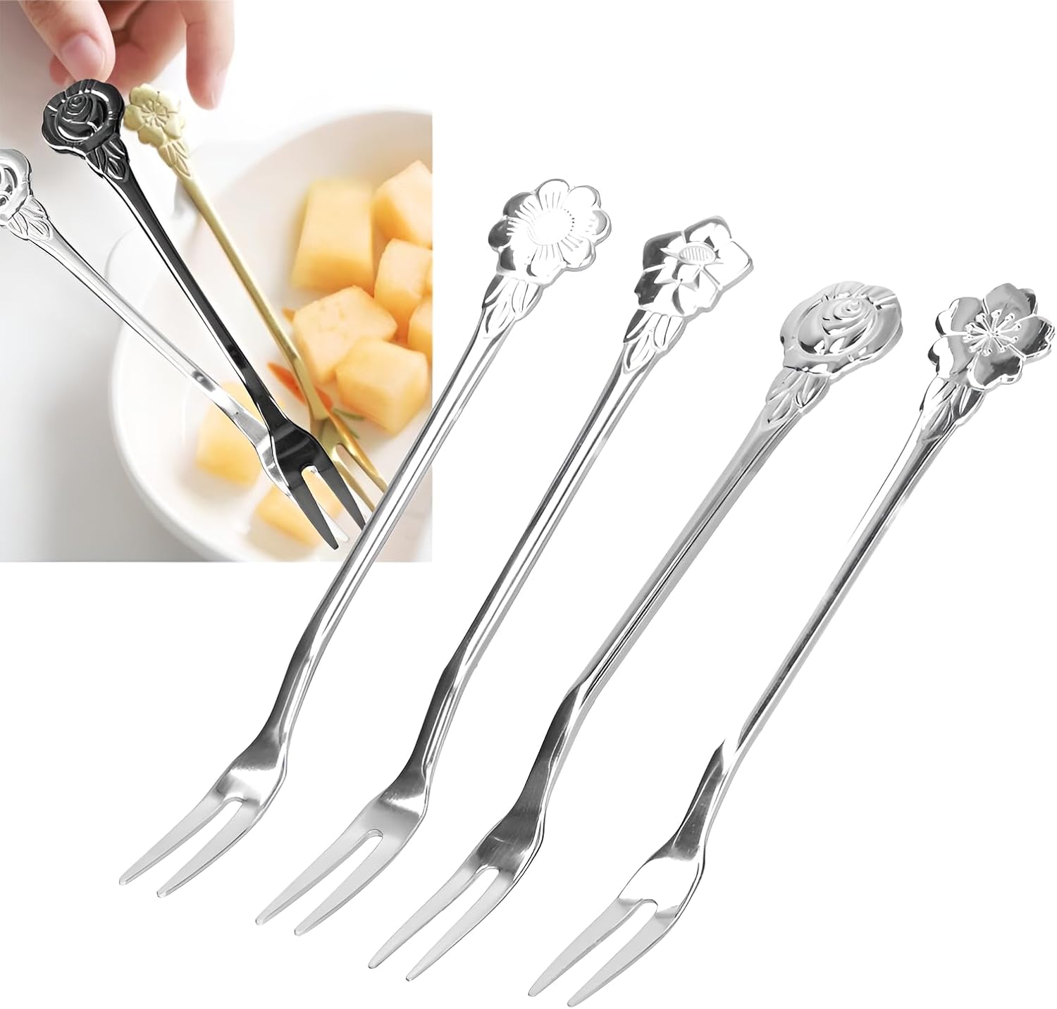 4Pcs Stainless Steel 2 Prong Fruit Forks Salad Dessert Fork, Silver