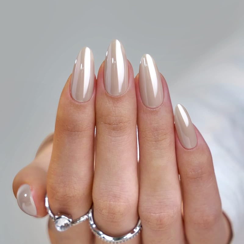 BTArtbox Press On Nails, Nuts Glazed, Medium Almond, Chrome Nude, 32Ct | 2+ Weeks Wear, Salon-Quality Natural Nails, 10-Minute Easy Daily Application, Fast Removal, 16 Sizes, All-in-One Complete Kit