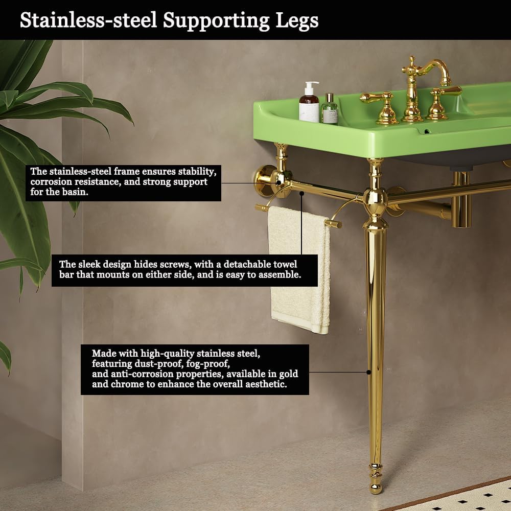 28" Bathroom Console Sink, Wall-Mounted White Ceramic Vanity Basin with 3 Pre-drilled Faucet Holes, Freestanding Gold Stainless Steel Support Legs with Towel Bar, No Faucet - Rome, Green