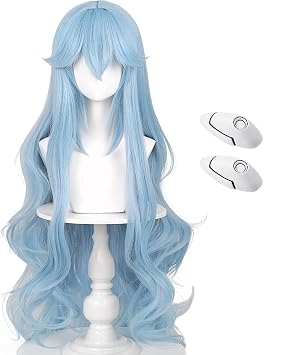 LABEAUTE Ice Blue Wig for Cosplay + Hairpin Anime Long Curly Light Blue Wig Women Cosplay Costume Wigs Accessories for Halloween Party + Wig Cap