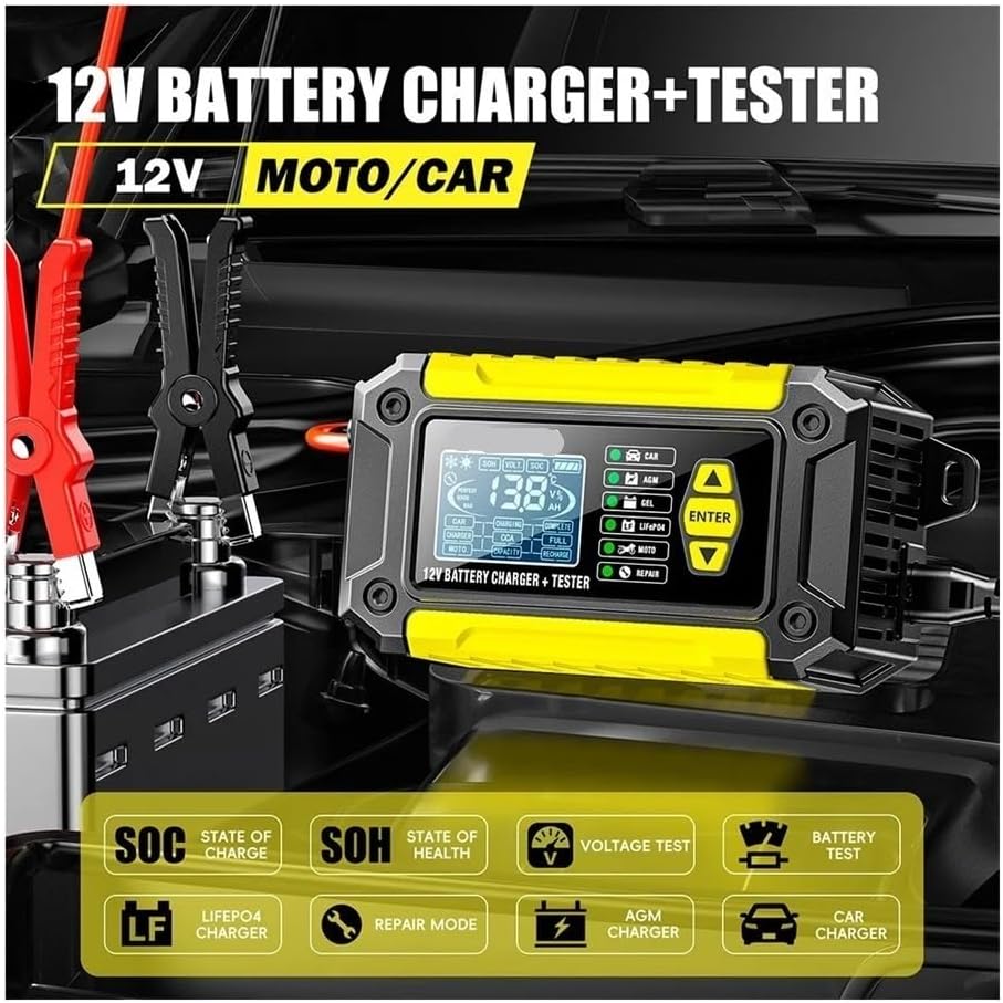 2-in-1 Intelligent Car Battery Charger & Tester for Lead Acid, AG Gel, Lithium Batteries, Ideal for Automobile & Motorcycle Analysis(Red EU Plug)