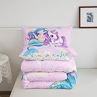 Vista 4 de Erosebridal Juego de edredón de sirena azul para niñas, juegos de ropa de cama de unicornio lindo individual de 2 piezas para niños, diseño