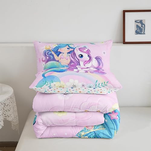 Miniatura 4 de Erosebridal Juego de edredón de sirena azul para niñas, juegos de ropa de cama de unicornio lindo individual de 2 piezas para niños, diseño de