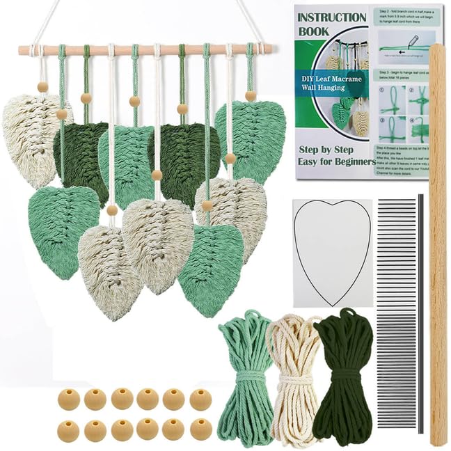 suo long Macrame Kit for Adults Beginners Wall Art for Bedroom,Kitchen,Home Decor Tapestries Sage Leaf Wall Hanging Making kit with Pre-Measured Macrame Cord,Instruction Book,Starters DIY Craft