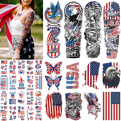 Cuteliili Independence Day Temporary Tattoo,4Th Of July Sleeve Tattoo, American Flag Fake Tattoos,Red White And Blue Party Supplies,Usa Flag, Memorial Day, Independence Day, Labor Day #TOP22