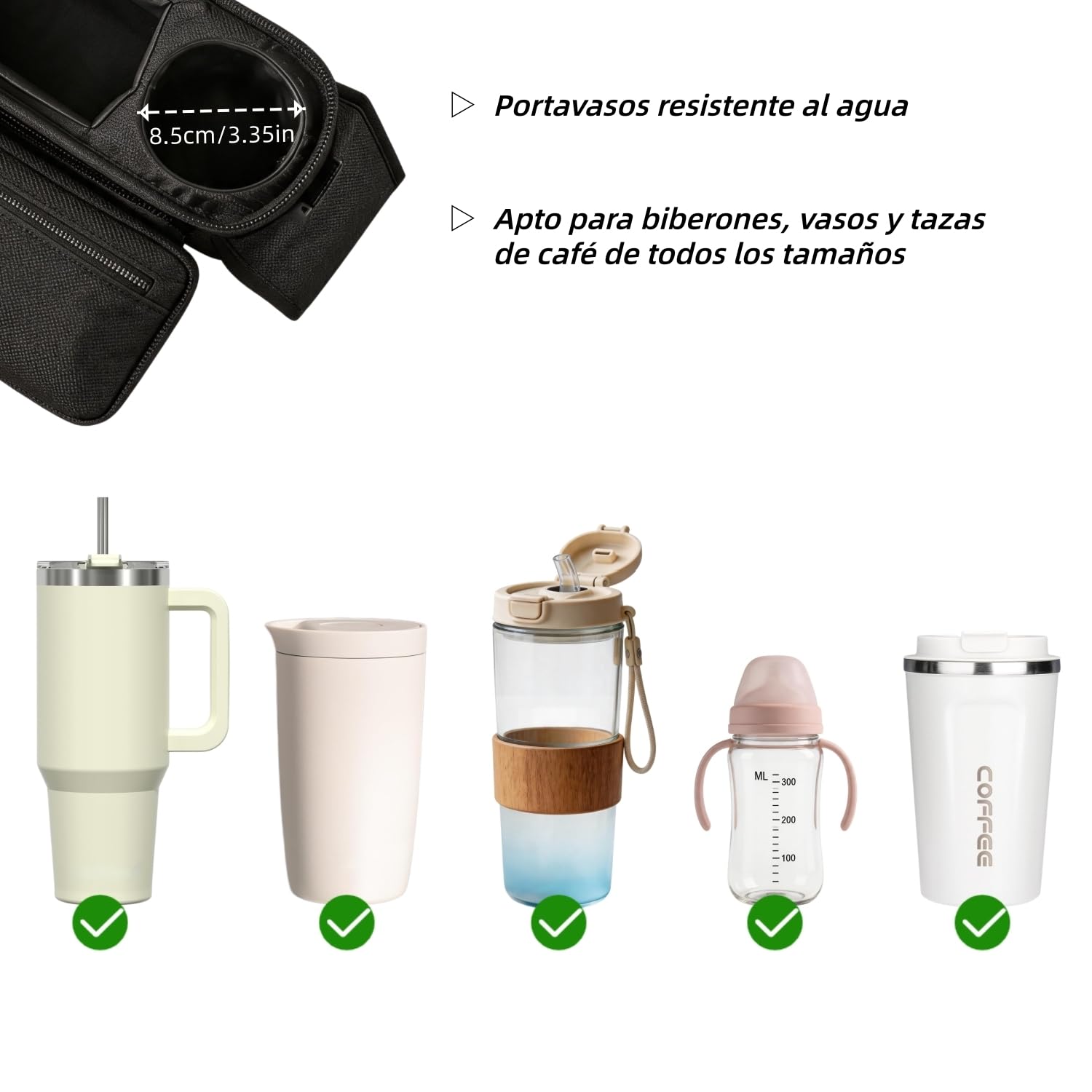 Bolso Carro Bebé Universal con 2 Portavasos Aislados y Monedero Extraíble, Bolsa Organizadora de Cochecitos Impermeable, Correa de Hombro Desmontable para Silla de Paseo y Carrito, Multifuncional