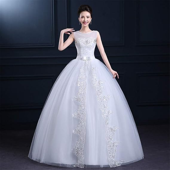 Wedding Dresses Women Sleeveless Crystal Beaded Bridal Ball Gown Wedding Dress Floral Lace Classic Tulle Princess Bride Dress Perfect for Wedding Color: White, Size: XL