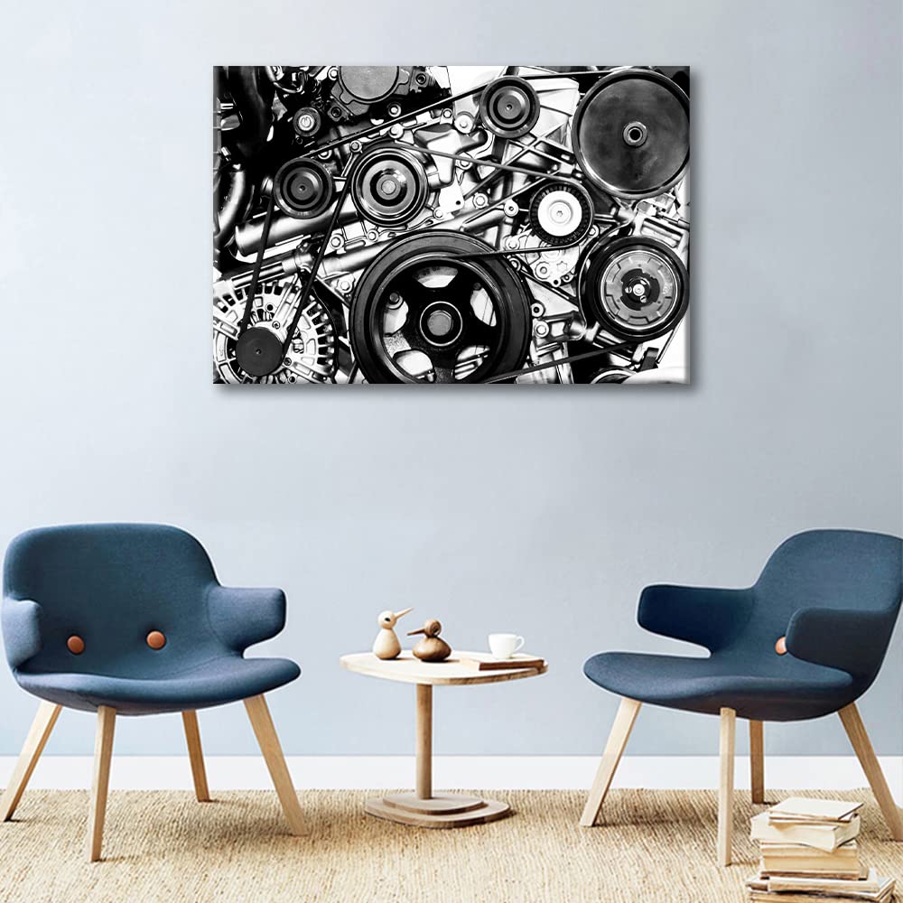 1 Piece Black and White Canvas Wall Art Car Engine Close-up Paintings for Living Room Modern Artwork Engine Pictures Giclee Home Decor Framed Ready to Hang Posters and Prints(16" Wx24 H) - Image 3