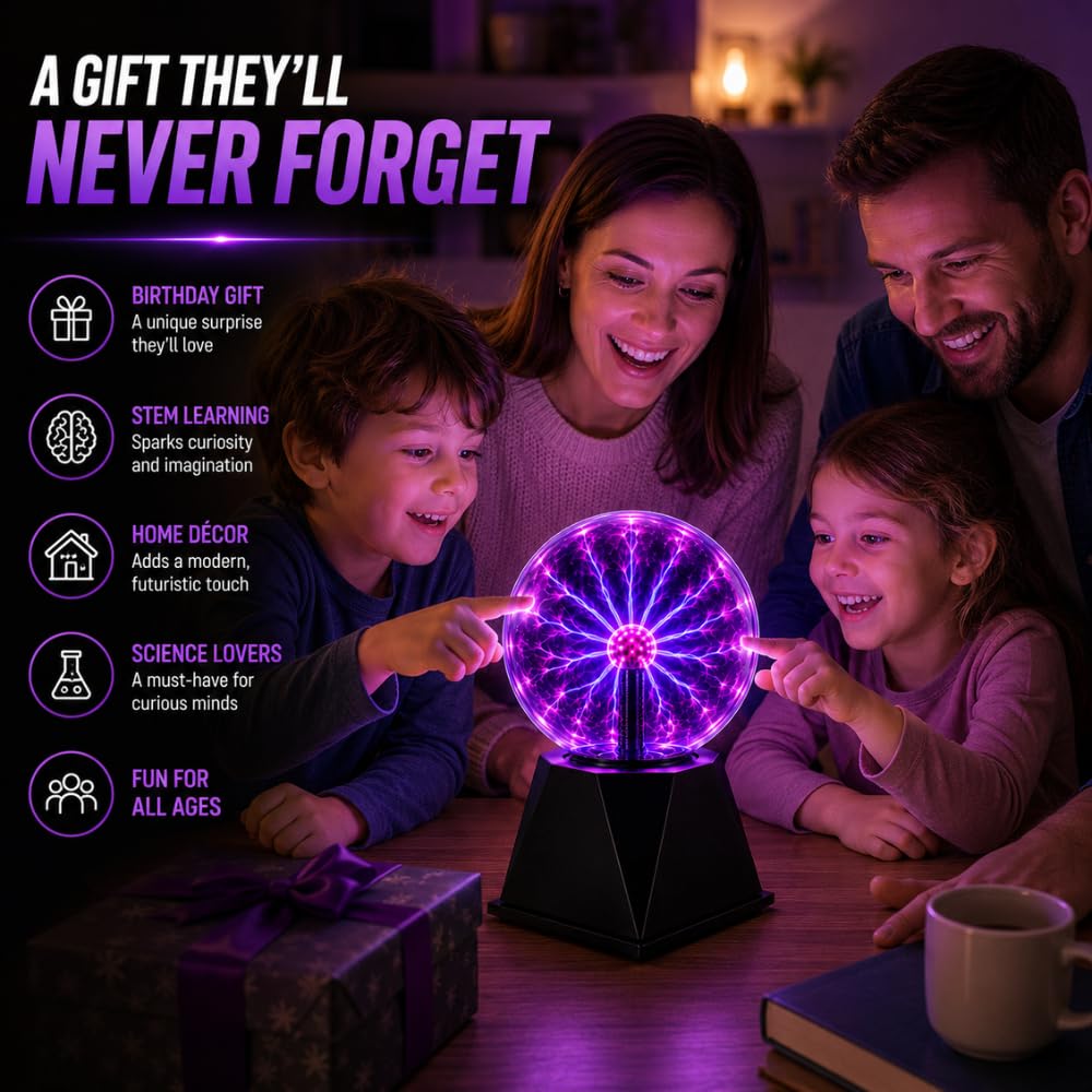 Tradeopia Sfera al plasma da 20,3 cm, elettricità statica, lampada al plasma, sensibile al tocco e al suono, palla elettrica plug-in, giocattolo per feste, decorazione per la casa (20,3 cm, viola)