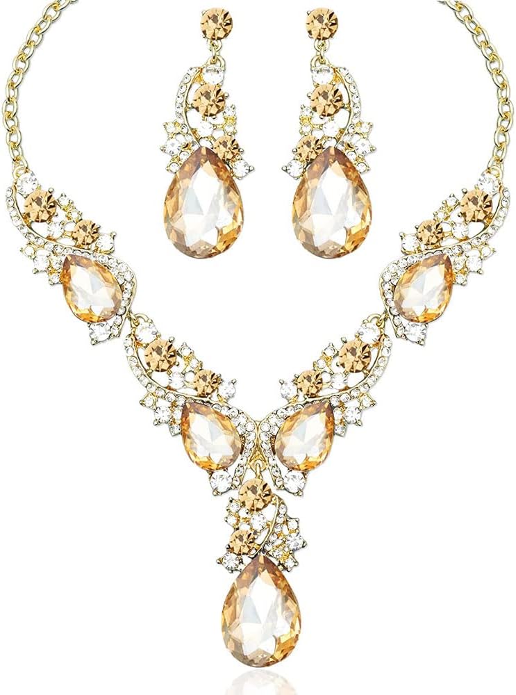 Secret for Longevity Gold Tone Antique Style Art Deco Amber Honey Yellow Topaz Citrine Champagne Rhinestone Statement Wedding Bridal Prom Chunky Statement Earrings Necklace Gift Set