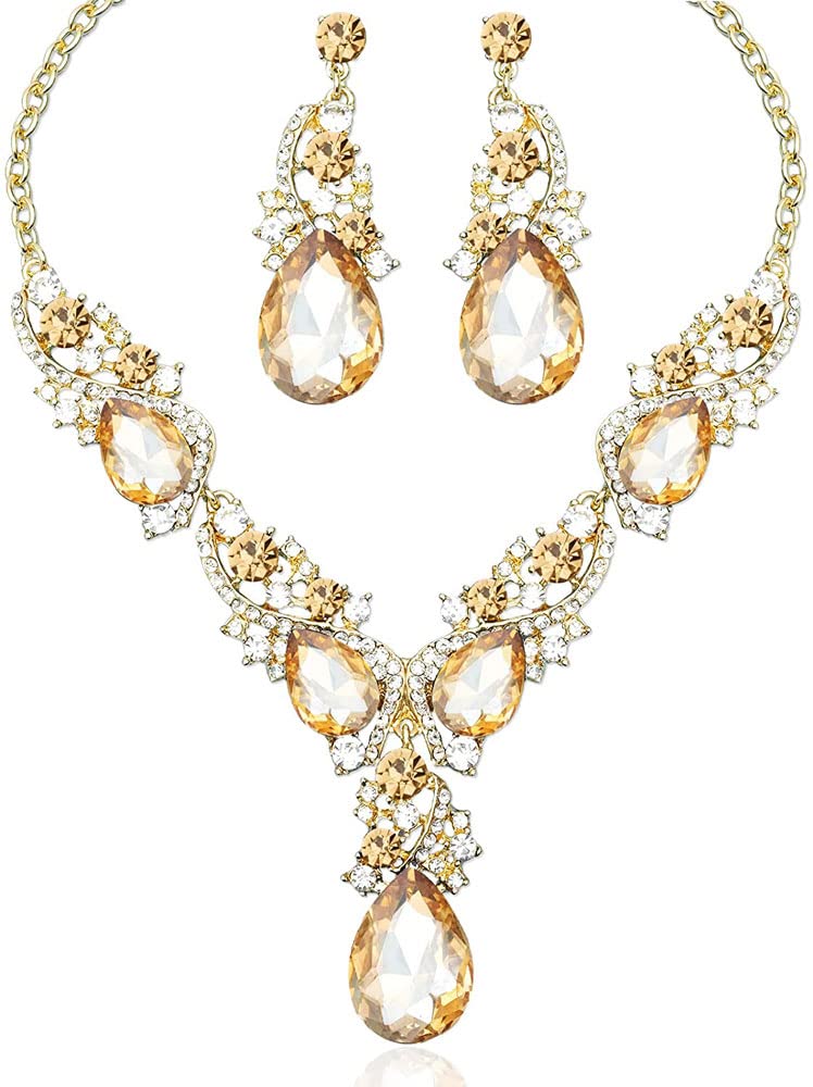 Art Deco Statement Jewelry Set - Gold Tone Rhinestone Necklace & Earrings For Wedding, Prom