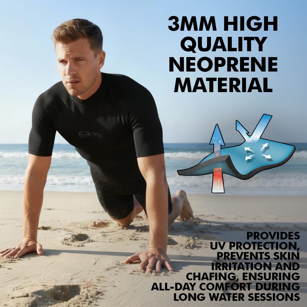Sikma Muta da uomo in neoprene da 3 mm per surf, immersioni, a maniche corte, con cerniera posteriore, flessibile e confortevole, perfetta per nuoto, immersioni subacquee, snorkeling