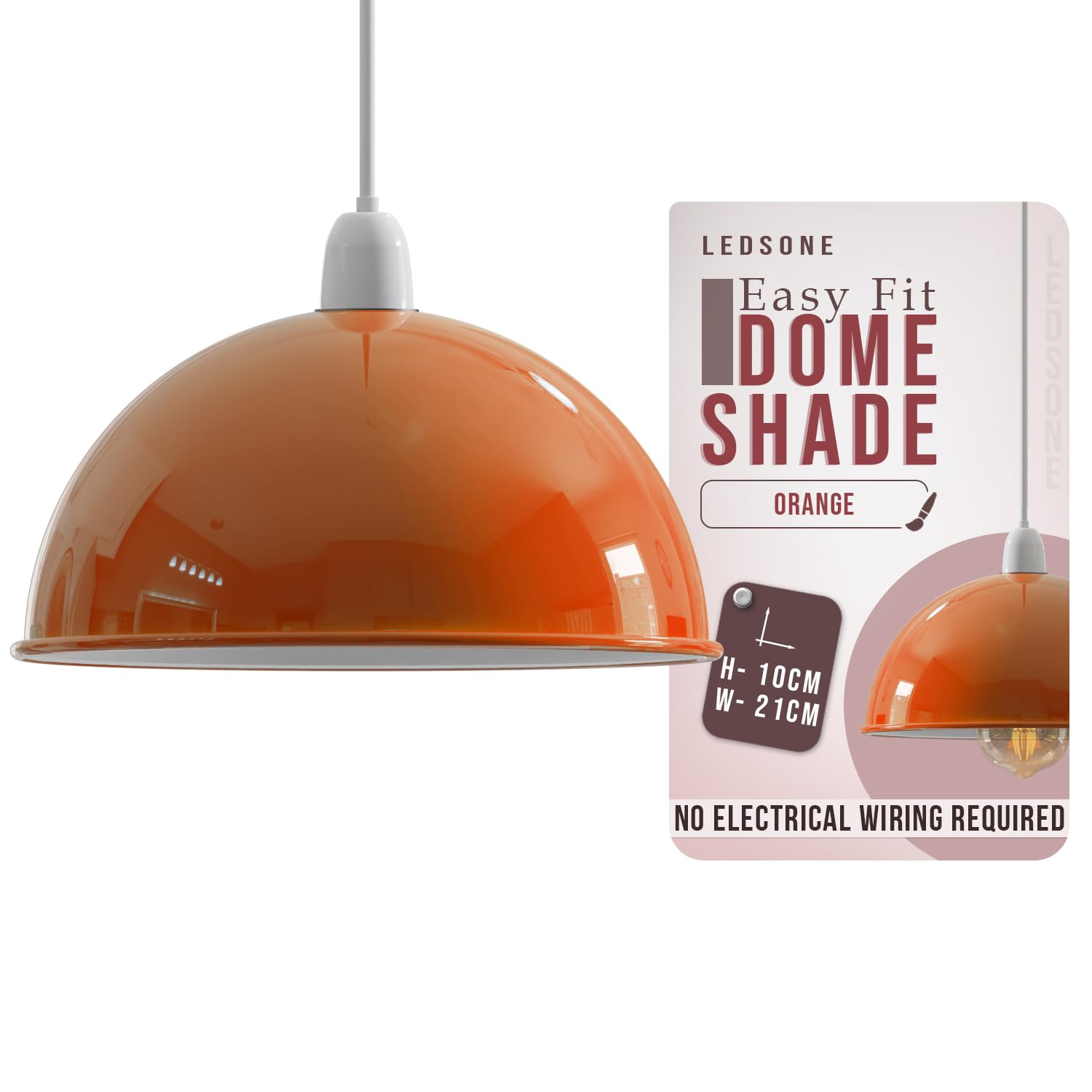 Ledsone Orange Modern Dome Pendant Lamp Shade – 21Cm Industrial Metal Ceiling Light Shade Easy Fit For Kitchen, Bedroom, Living Room, Dining Room, Hallway, Restaurant And Café