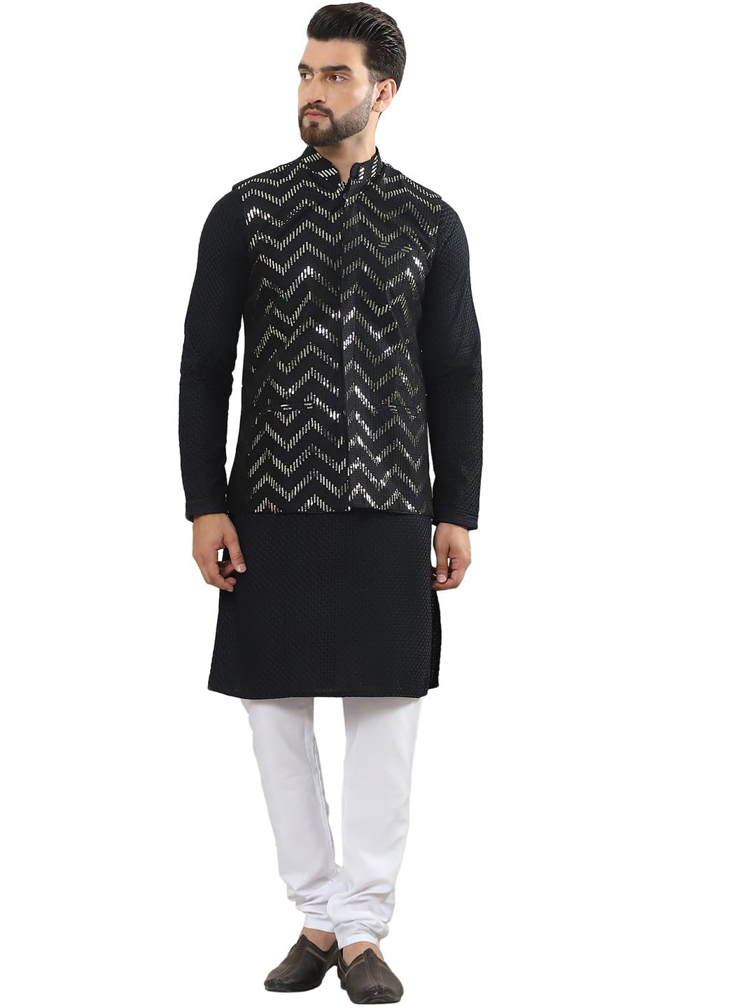 (Since 1958 Men's Pure Cotton Kurta and White Pyjama with Sequins Nehru Jacket-image-11