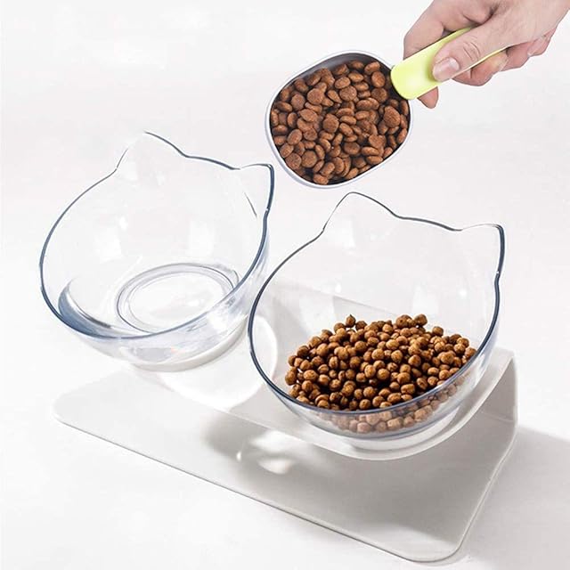 Raised Cat Bowl with Stand, Tilted Cat Bowls for Kittens Elevated Cat Bowl Anti Vomiting Double Cat Bowls Plastic Transparent Cat Feeding Bowl