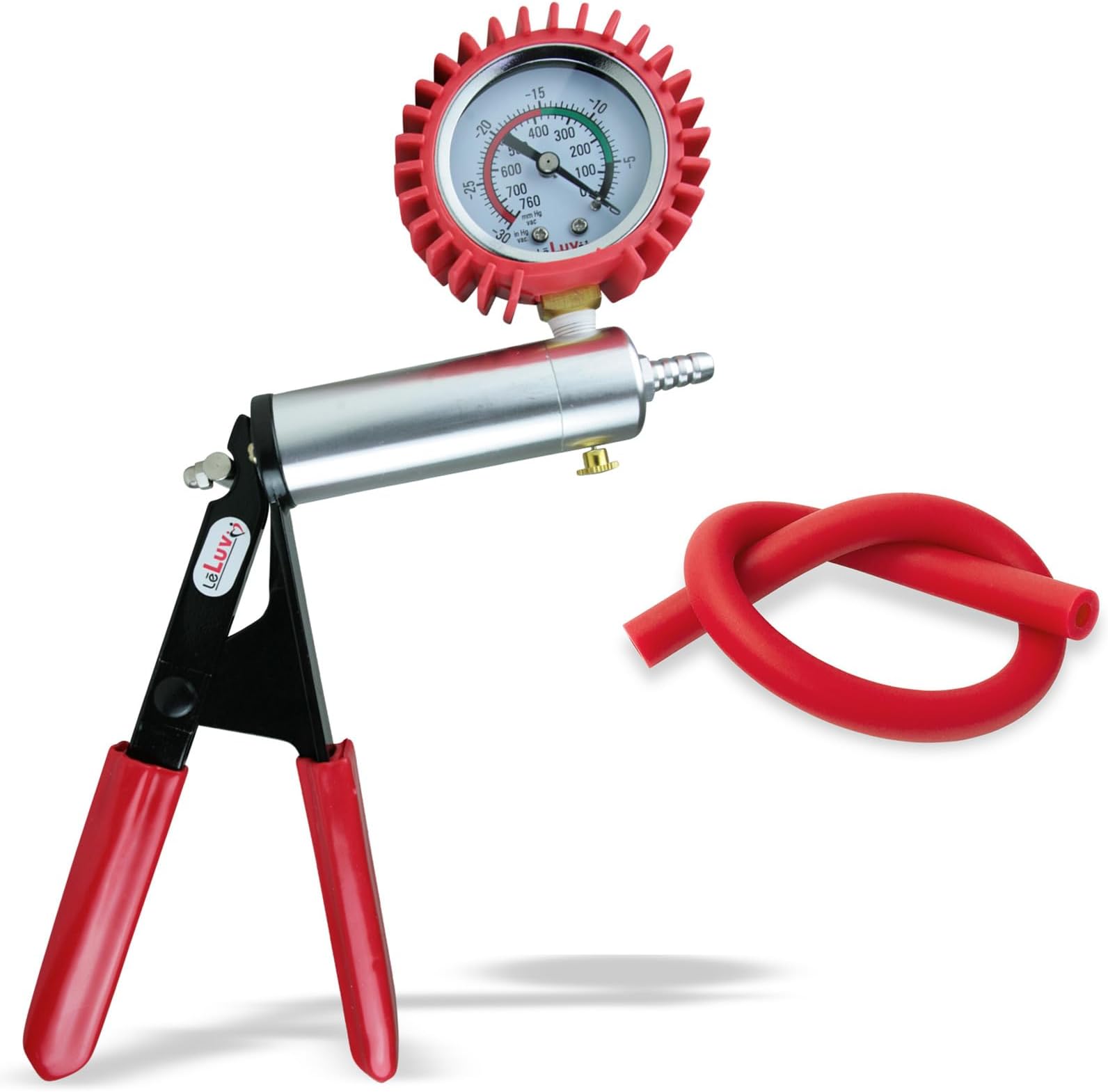 uv Ultima Vacuum Pump Handle - Gauge Installed with Protective Rubber Cover - Silver Aluminum Chamber, Red Padded Rubber Grips with Red Silicone Hose