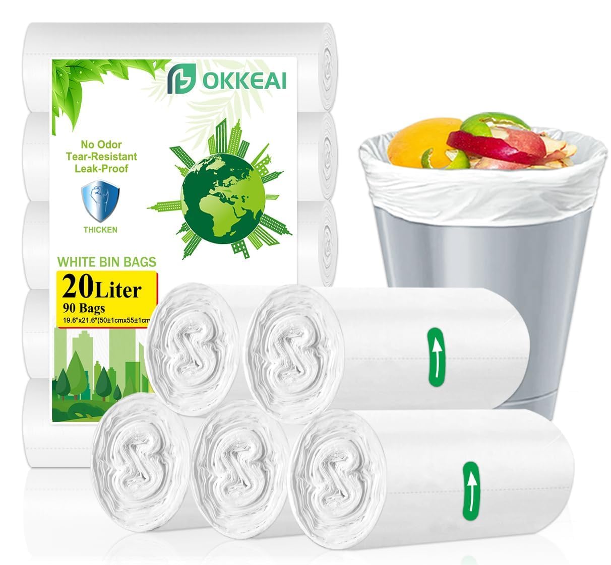OKKEAI 20l Bin Bags Pedal Bin Liners White Rubbish Bags Strong Plastic Trash Bags 90 Counts Small Garbage Bags For Kitchen,Office Fit 15L-25Liter Waste Bin