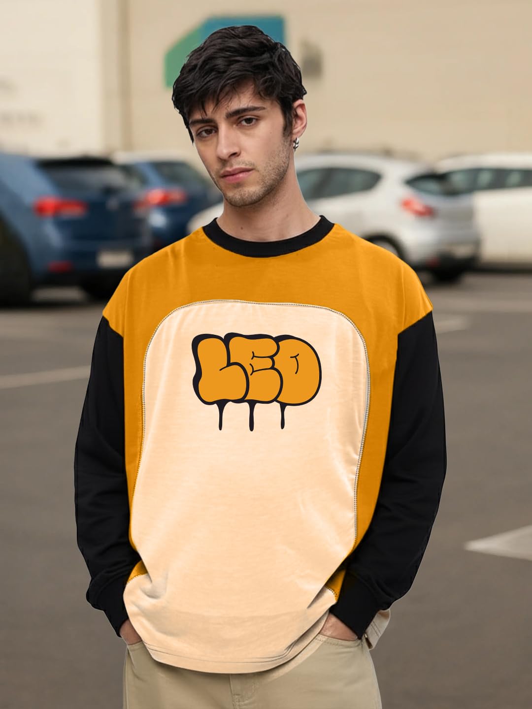 LEOTUDE Oversized Full Sleeve Cottonblend Graphic Printed Round Neck Drop Shoulder Tshirt for Man (Color Mustard)