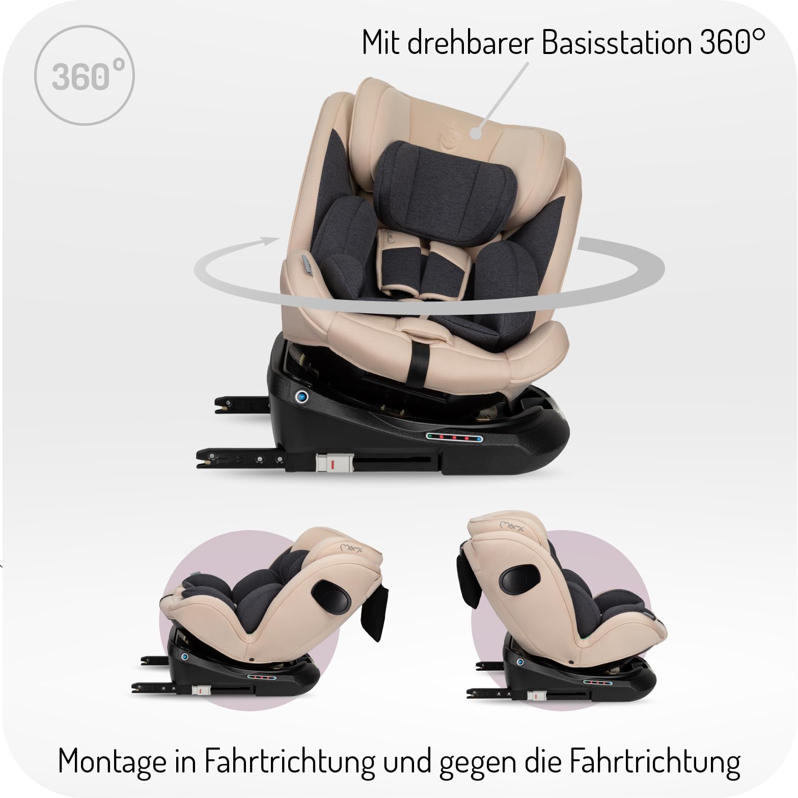 MoMi Autositz für Kinder EMI 0-12 Jahre (Gruppe 0+, 1, 2, 3, 3, Kinder bis 36 kg, 40 bis 150 cm), 360° drehbar, Einbau rückwärts: bis 18 kg, vorwärts: ab 18 kg, Befestigung mit ISOFIX und Top-Tether