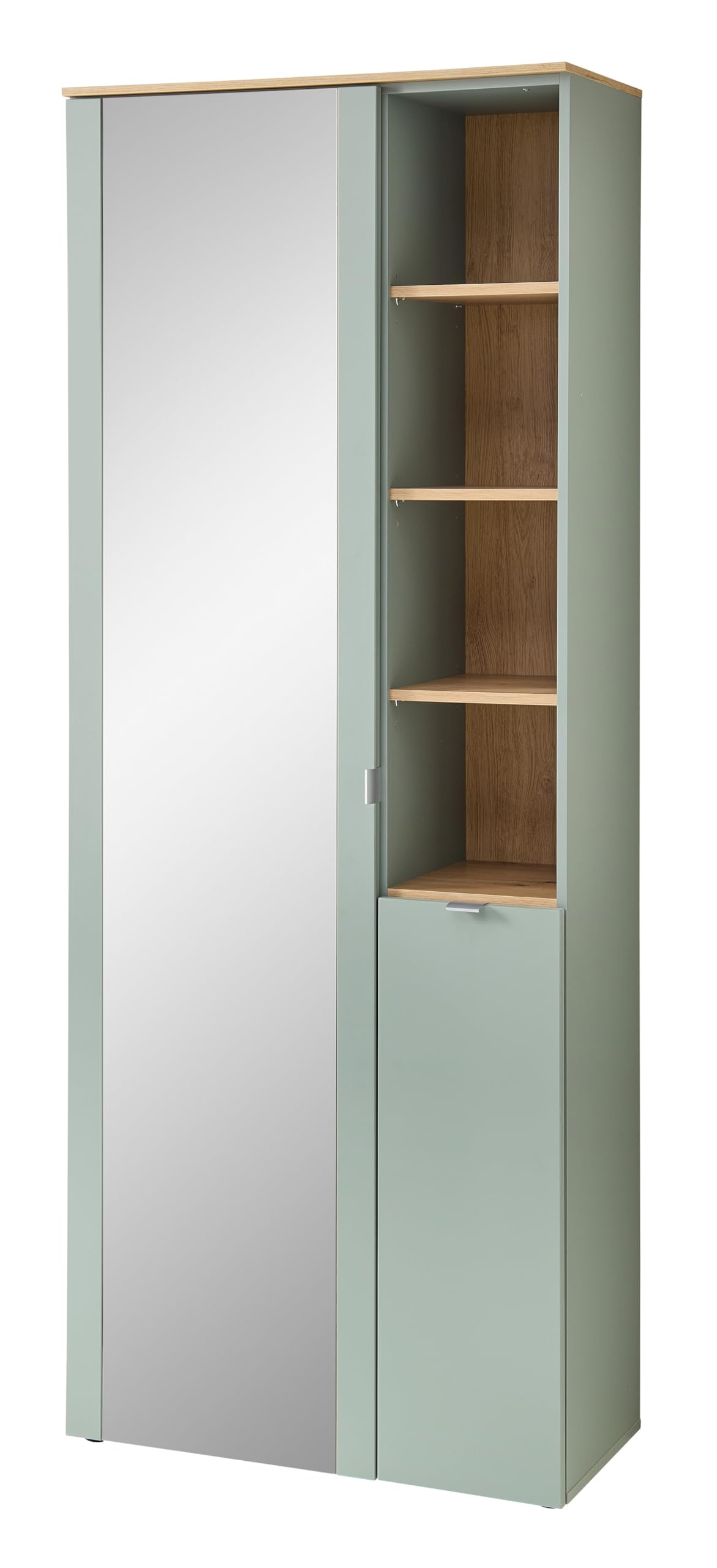 BARI Garderobenschrank mit Spiegel in Schilfgrün, Artisan Eiche Optik FSC-zertifiziert - Moderner Flurgarderoben Schrank mit viel Stauraum - 78 x 202 x 38 cm (B/H/T)