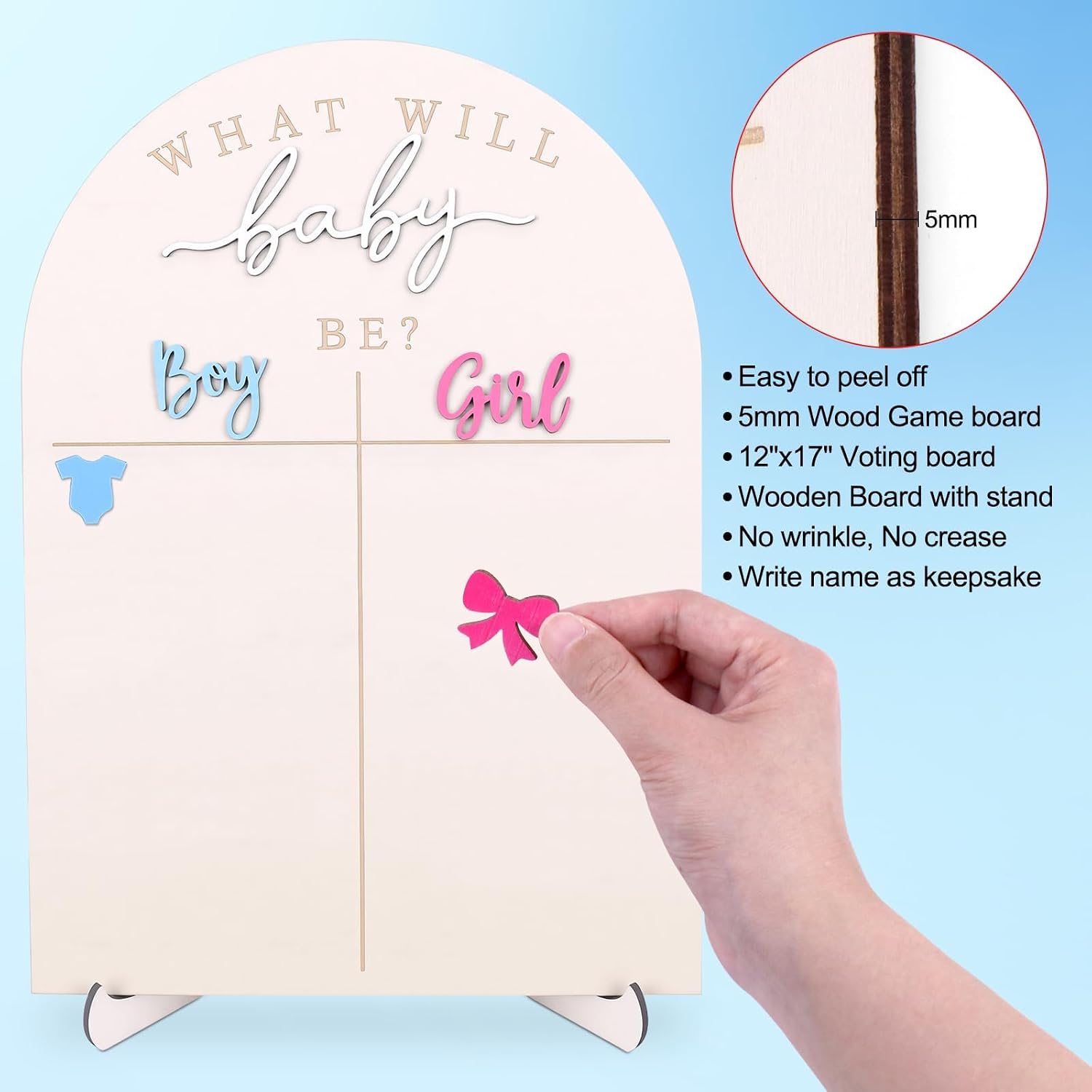 SelfTek 56 Pcs Gender Reveal Games Kit - Wooden Frame Keepsake Baby Reveal Games, Gender Guessing Board with 2 Tinplate Badge Pins, for Gender Party Games for Guests image 4
