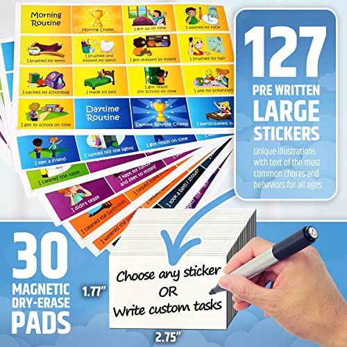 Large Magnetic Reward Chart for Multiple Kids (1-3 Kids) - 127 Pre-Written Stickers (Including Potty Training) + 30 Custom Chores - Behavior, Responsibility & Incentive Star Chart for Your Fridge by HMmagnets - Image 4