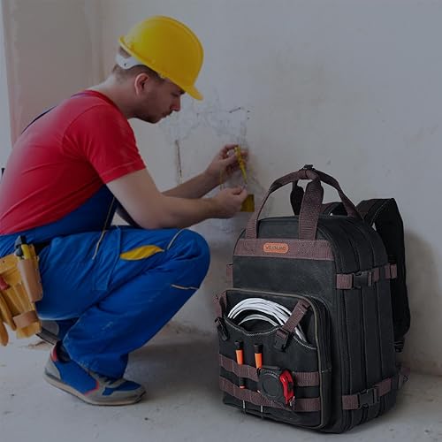 Miniatura 2 de WELKINLAND Mochila de electricista de 90 bolsillos, mochilas de herramientas de lona de cera, resistente, práctica mochila de trabajo con bolsillos
