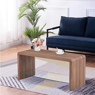 GOLDFAN 2 Piani Tavolino Rettangolare Moderno Minimalista a in Legno con Mobile Porta TV a Livello di Vetro al Centro, Adatto per Poggiorno