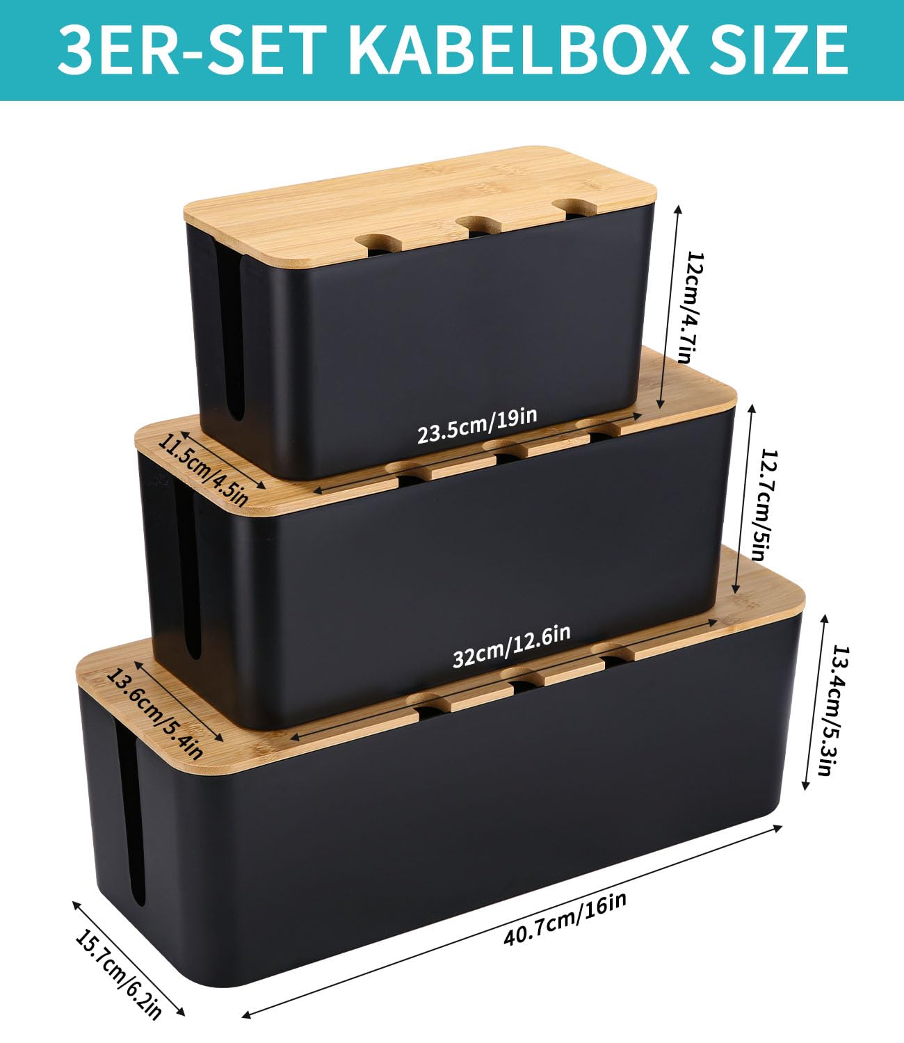 Azyvum 3 Piezas Caja Organizadora Cables con Tapa de Bambú,Caja Cables Organizador para Cables,Guarda Oculta y Recoge Regletas,Mesa y Escritorio, Kabelmanagementbox,kabelbox