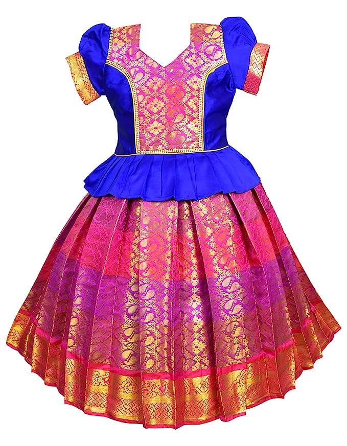 White Button Pattu Pavadai Tradizionale Indiano Per Bambine – Abito Lehenga Choli In Seta Jacquard Con Camicetta Ricamata, Festa E Matrimonio