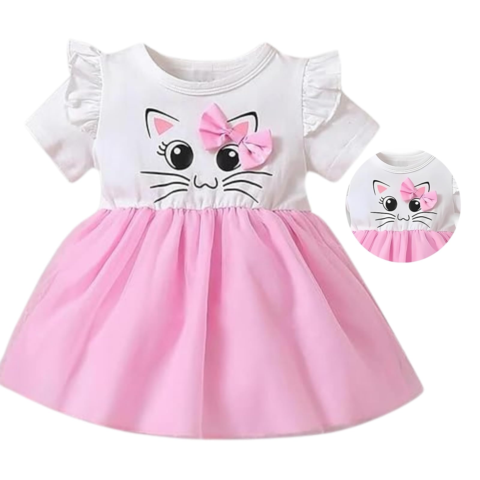 PAMBERSTON Baby Girl's Kitty Cat Tutu Dress with Bow, White and Pink, Flutter Sleeve 4
